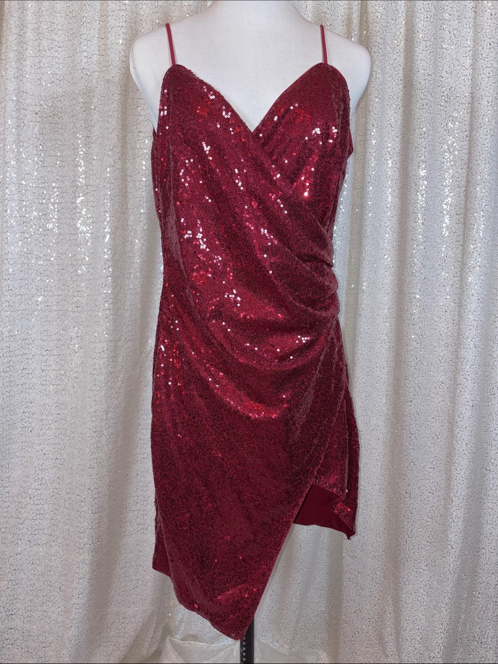 Fashion Nova Red Burgundy Sequin Draped Mini Dress